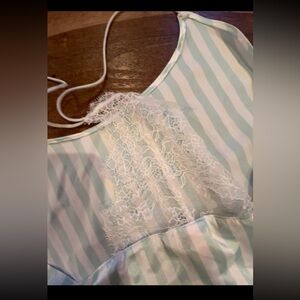 Cute white and green stripped laced back silk tank top